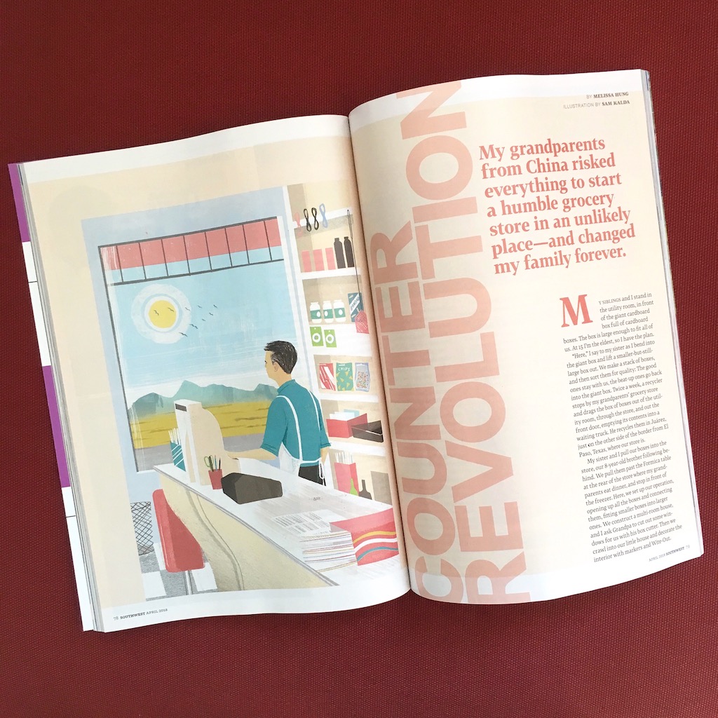 A magazine open to a spread. There is an illustration of a man behind a counter and the text reads, "Counter Revolution. My grandparents from China risked everything to start a humble grocery store in an unlikely place and changed by family forever."