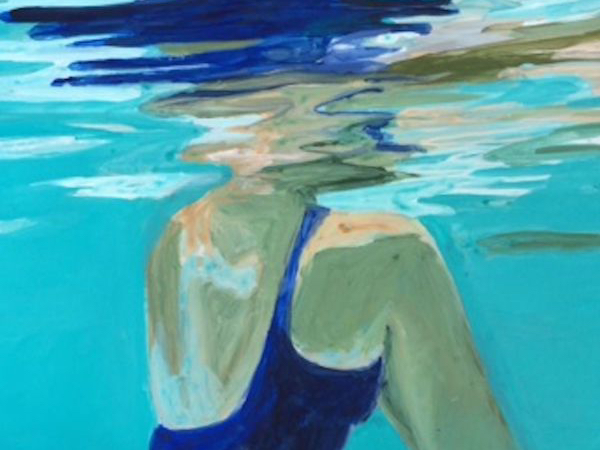 Illustration of a person in a blue swim suit in the water. The perspective is under water.