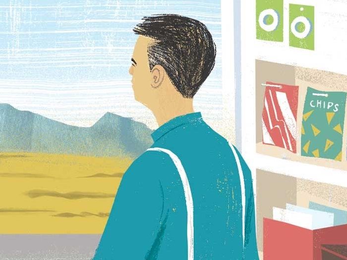 Illustartion of a storekeeper looking out a window at mountains. On the shelf next to him are bags of chips.