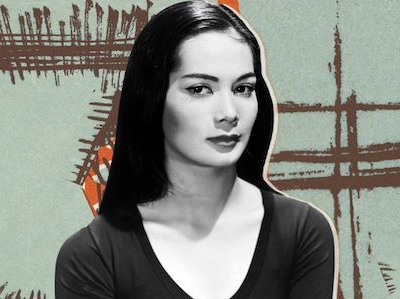 A photo illustration of a young Nancy Kwan over an illustrated green background.