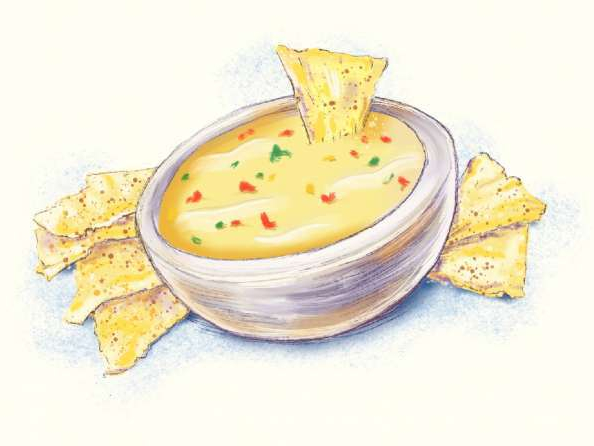 An illustration of a bowl of queso by John Blanchard