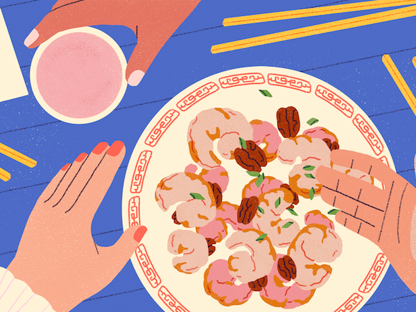 Illustration of honey walnut shrimp on a plate on a blue table with yellow chopsticks