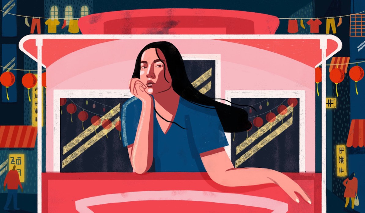 Illustration of a woman with long dark hair resting her chin in a hand. Behind here are lanterns and clothes hanging on clotheslines.