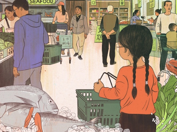 An illustration of a little girl in braids holding a green shopping basket in an Asian grocery store.